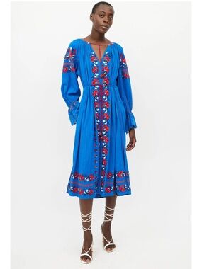 Ulla Johnson Filia Embroidered Belted Floral Midi Dress Size 4 Cobalt Blue